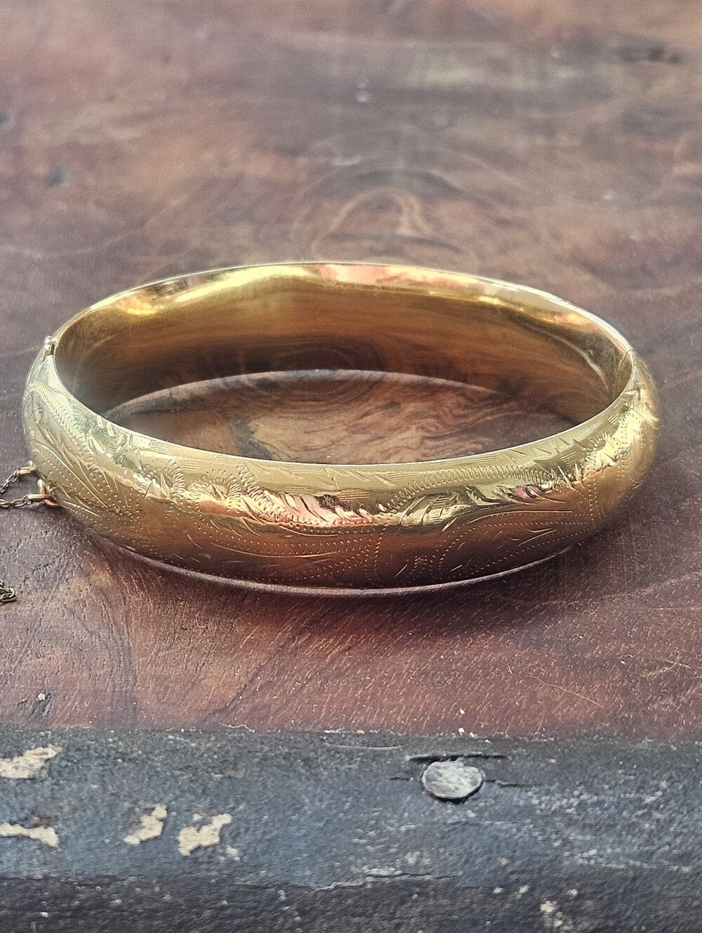 Vintage Heavy 18g Solid 14k Yellow Gold Hinged Bangle 13.6mm Bracelet 6.75"